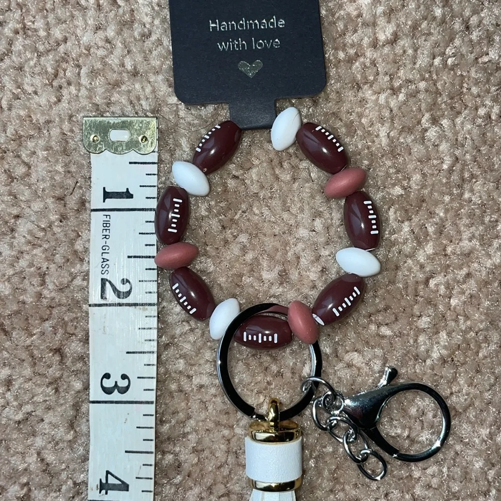Football Bead Bracelet Wrist Keychain Leather Tassel  Key Ring Bag Accessories